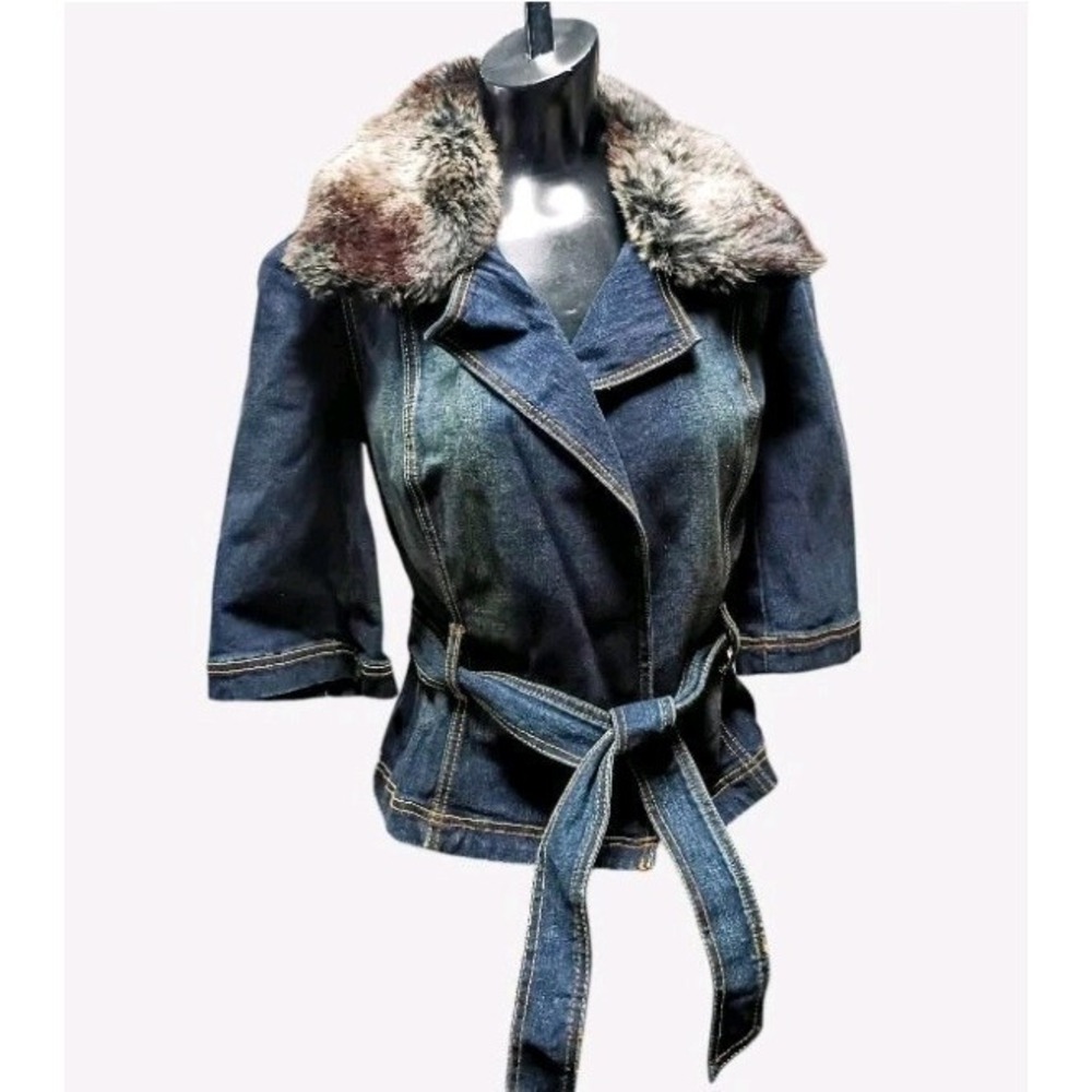 Denim Y2K Jacket With Tie Waist And Fur Collar Trim By Fabulosity Size Medium